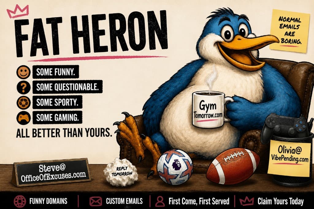 Fat Heron — funny, questionable, sporty and gaming custom email domains. All better than yours. Match your mood.